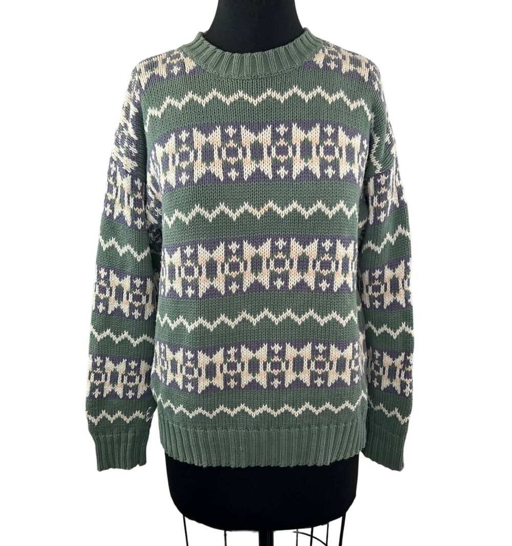 VINTAGE GAP Chunky Knit Fair Isle Crew Sweater Green White Purple Size Small S